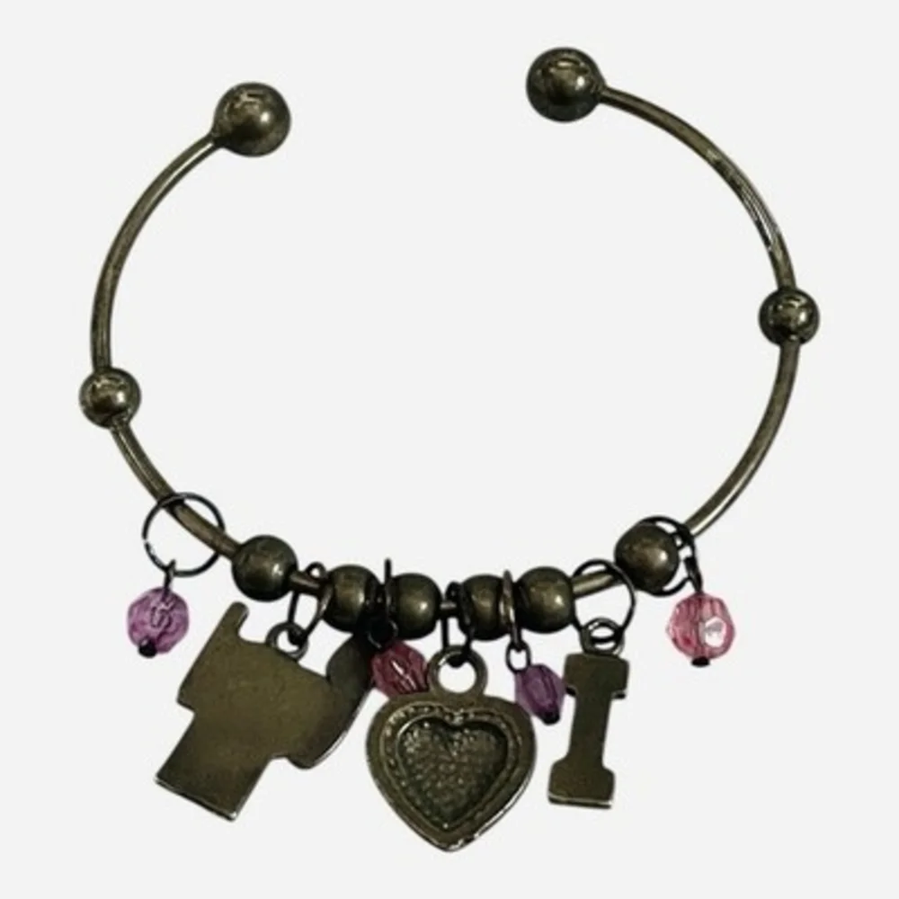 I Love Grandma Silver Tone Cuff Bangle Bracelet Red Heart Pink Beads Gift